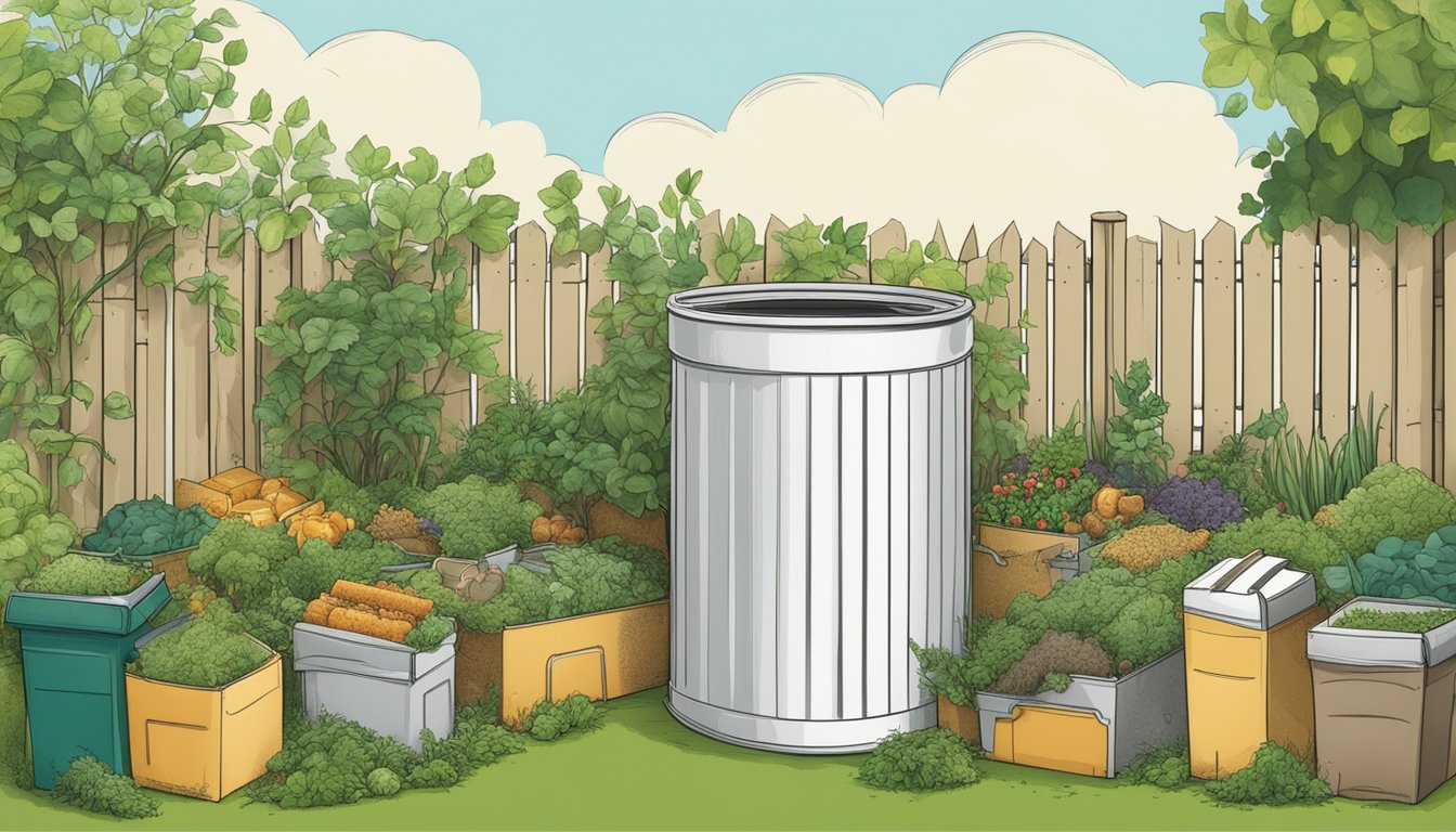 A compost bin surrounded by various types of packaging, including milk cartons, with greenery growing around it