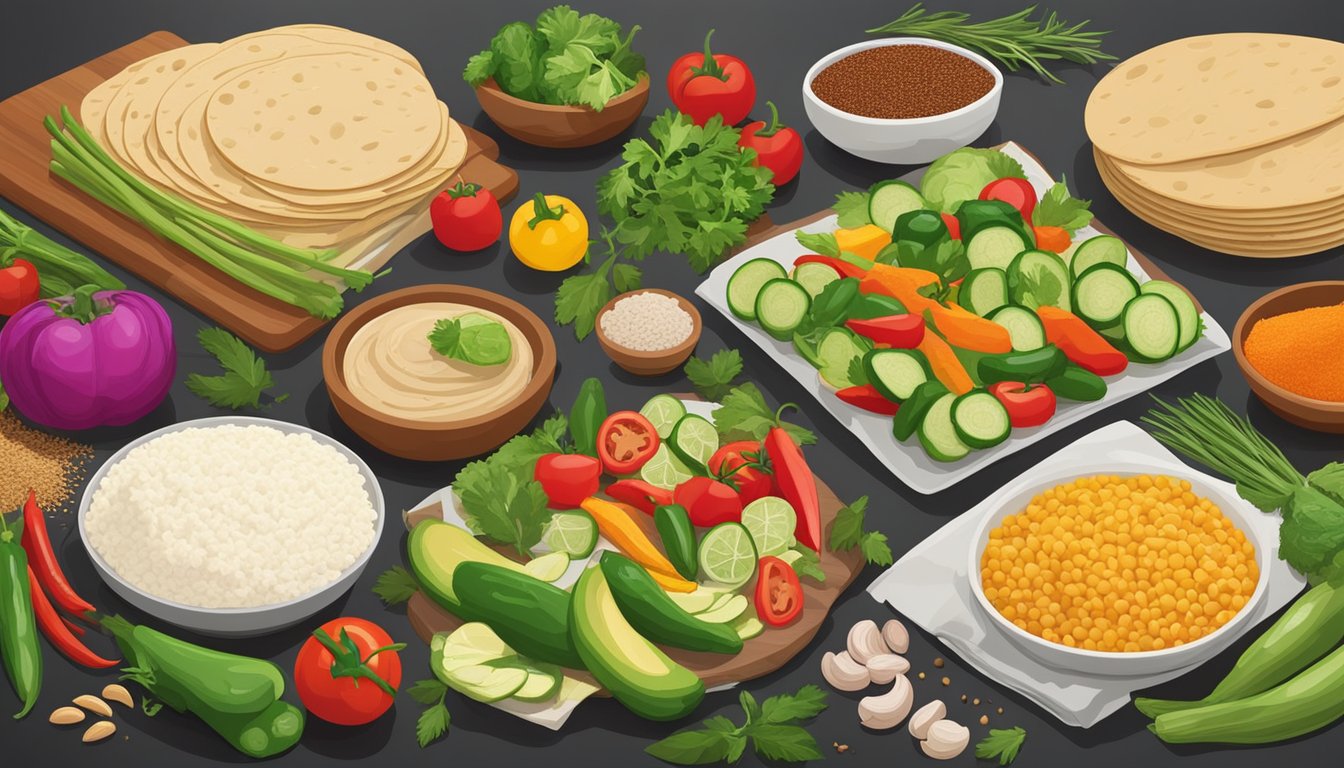 A colorful array of fresh vegetables, lean proteins, and whole grain tortillas displayed on a table, with a variety of herbs and spices in the background