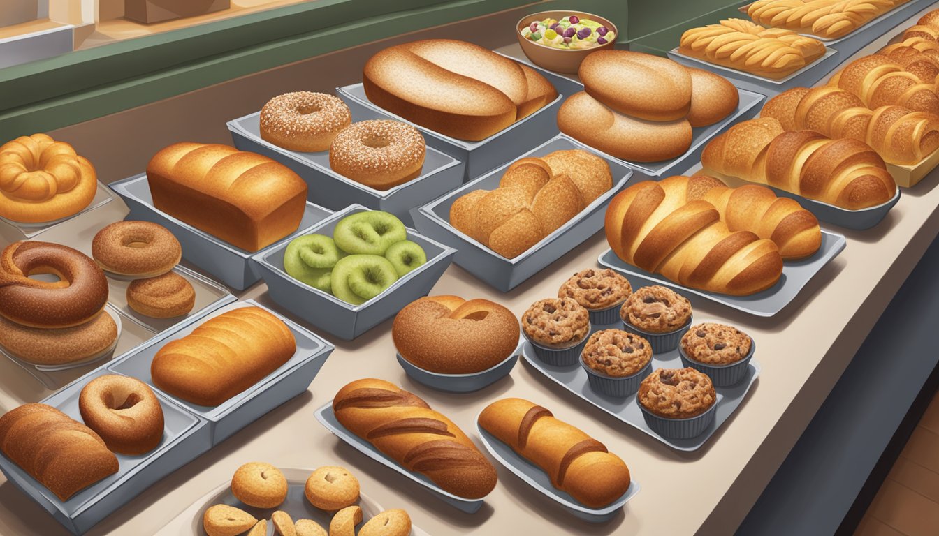 A colorful display of freshly baked breads and pastries at Panera, with a variety of healthy options like whole grain bagels, fruit-filled muffins, and oatmeal bowls