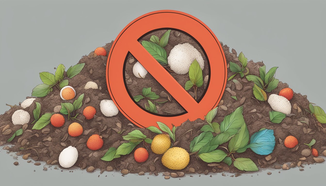 A compost pile with various organic waste, including lychee skins, surrounded by a sign with a red circle and line through it