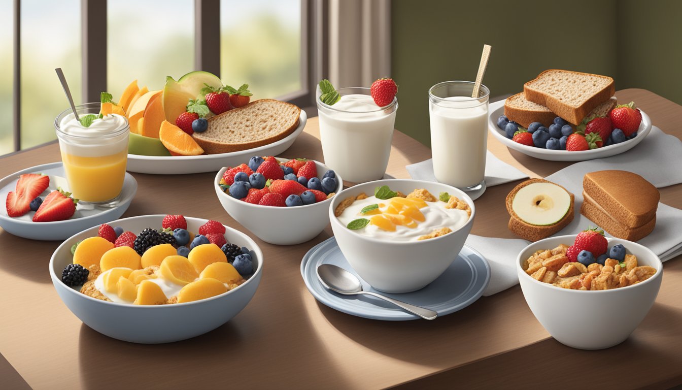 A table set with a variety of healthy breakfast options from Panera, including fresh fruit, whole grain bread, and yogurt parfait