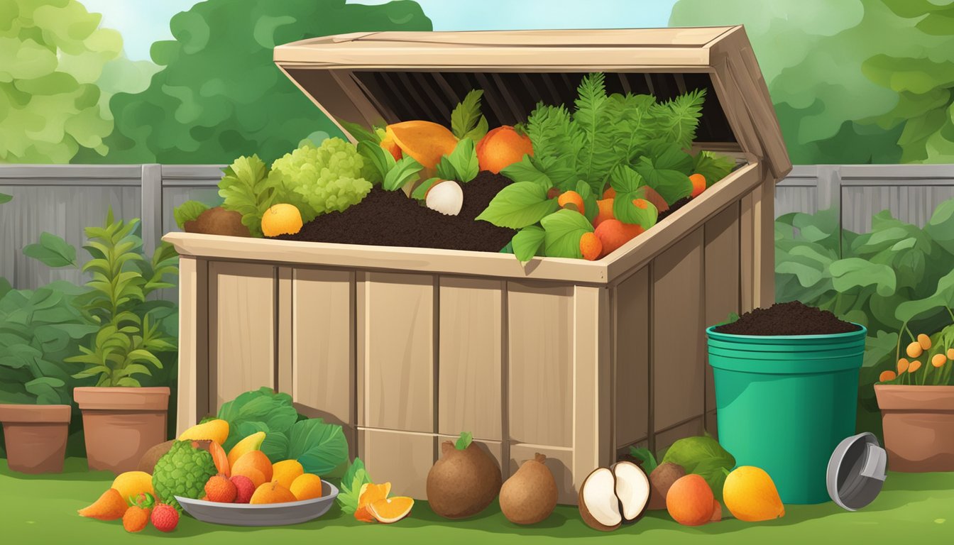 A compost bin with various fruit and vegetable scraps, including lychee skins, surrounded by a garden with healthy, thriving plants