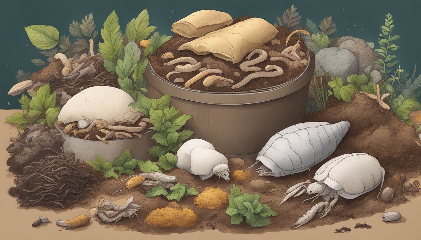 A pile of compostable animal-based products, including lard, surrounded by decomposing organic material and earthworms