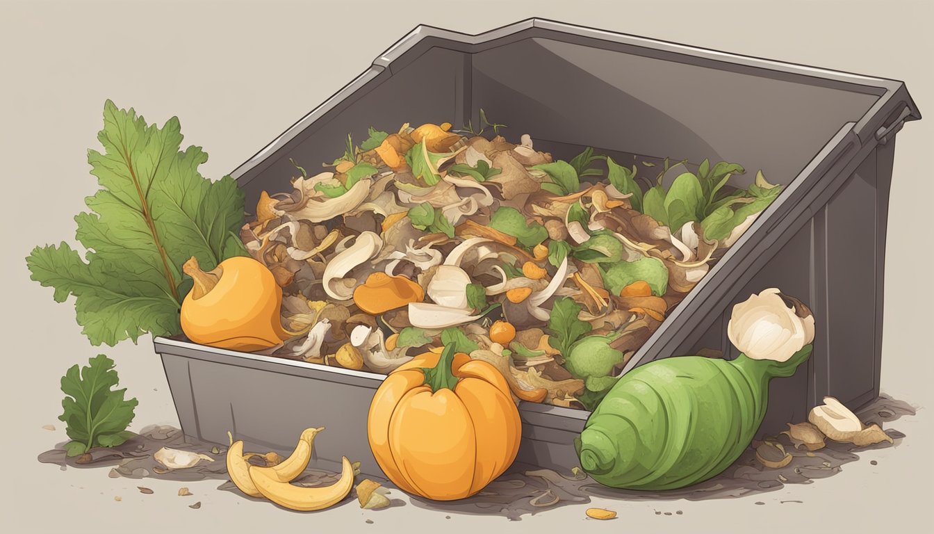 A pile of food scraps and organic waste sits in a compost bin, with a container of lard discarded nearby