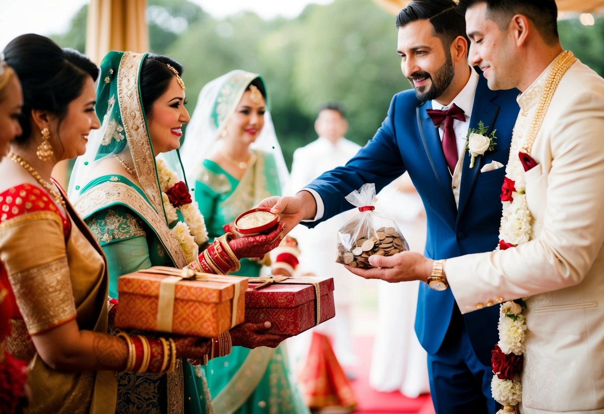A groom handing over a bag of coins to the bride's father, while the bride's family presents gifts to the groom's family