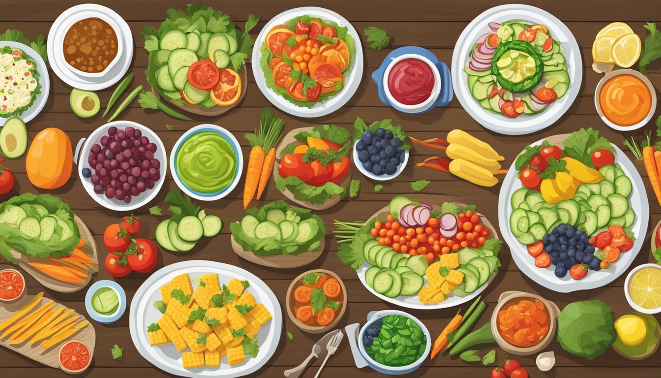 A colorful array of fresh vegetable platters and fruit skewers laid out on a wooden table at a cookout, surrounded by a vibrant assortment of healthy dips and spreads