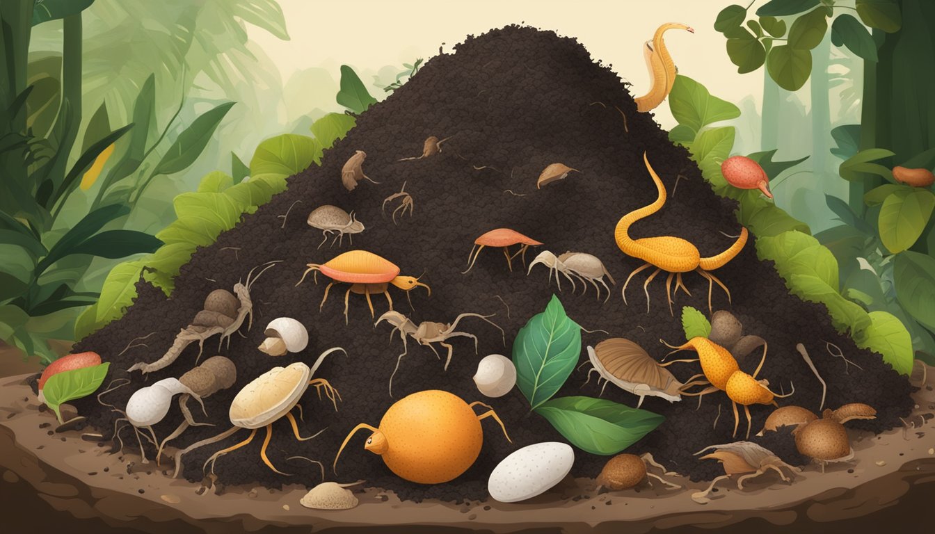 A pile of compost with a mix of organic waste, including lychee skins, surrounded by earthworms and other decomposers