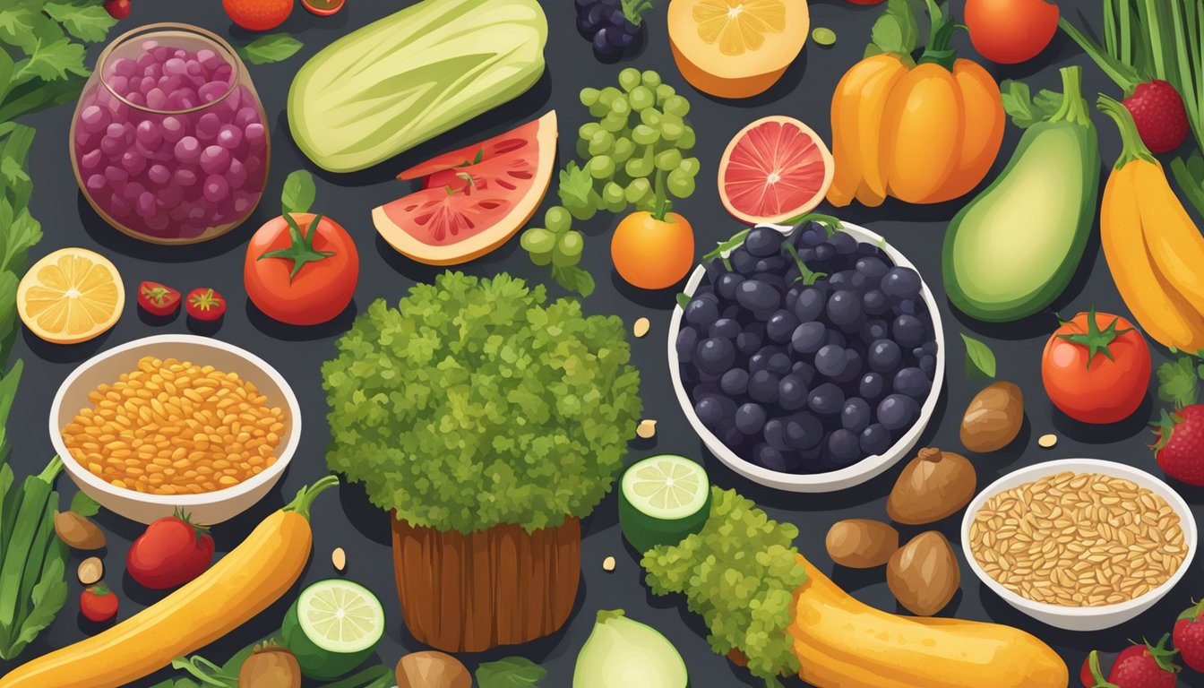 A colorful array of fresh vegetables, fruits, and grains displayed on a table at a cookout