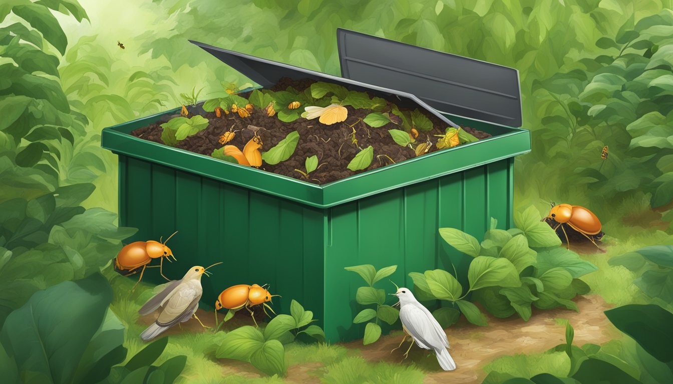 A compost bin filled with organic waste, including a small amount of lard, surrounded by green vegetation and insects