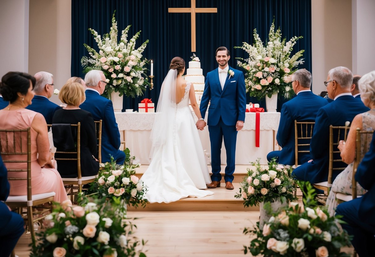 A bride and groom stand at an altar, surrounded by floral arrangements, with a cake and gifts in the background. Family members are seated on either side
