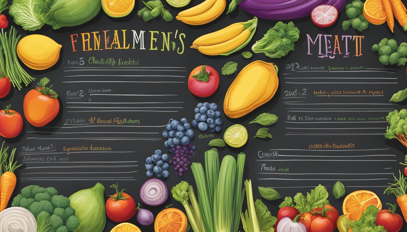 A colorful chalkboard menu with vibrant illustrations of fresh vegetables, fruits, and healthy meal options at Moe's restaurant