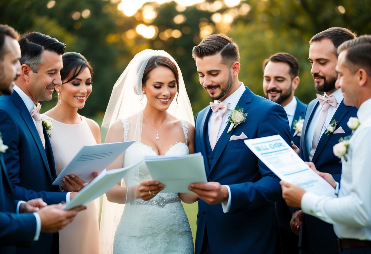 A bride and groom are surrounded by various vendors and service providers, each presenting a bill for additional costs incurred during their wedding