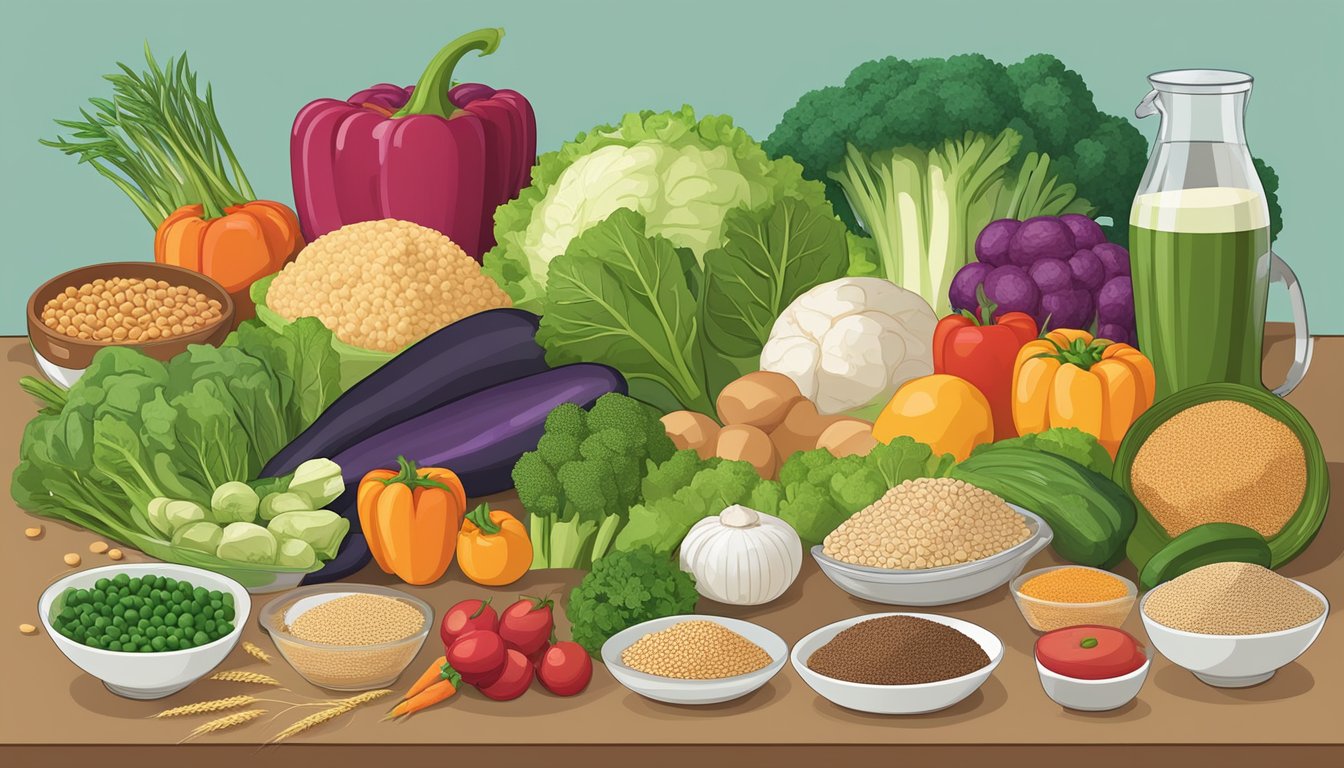 A colorful array of fresh vegetables, lean proteins, and whole grains arranged on a table, with a chart showing the nutritional breakdown of each item