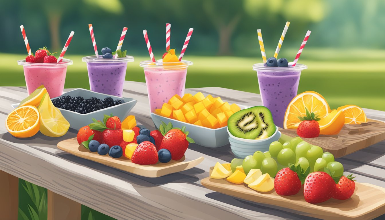 A colorful array of fruit skewers, yogurt parfaits, and chia seed pudding cups displayed on a picnic table at a cookout