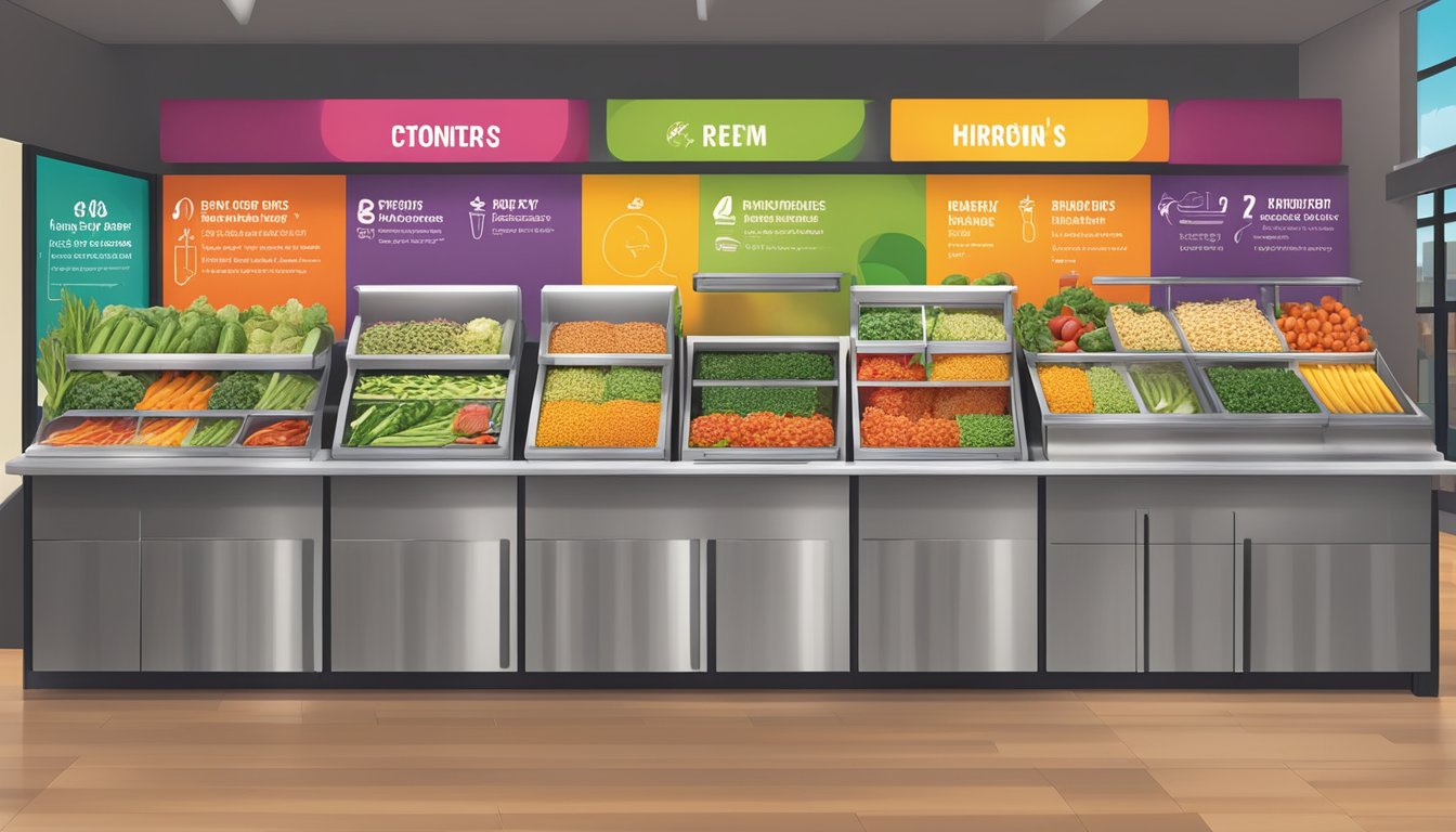 A colorful array of fresh vegetables and lean protein options arranged on a customizable meal station at Moe's, with vibrant signage highlighting healthy choices