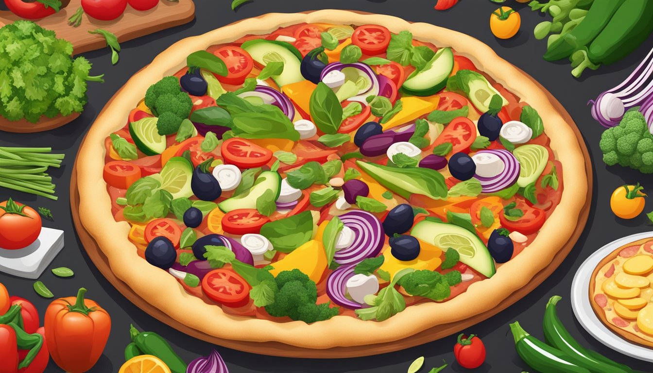 A colorful array of fresh vegetables and lean proteins arranged around a customizable pizza crust