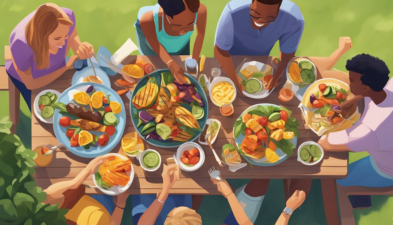 A colorful array of grilled vegetables, fruit skewers, and lean protein options laid out on a picnic table, surrounded by a group of friends enjoying a cookout in a sunny backyard