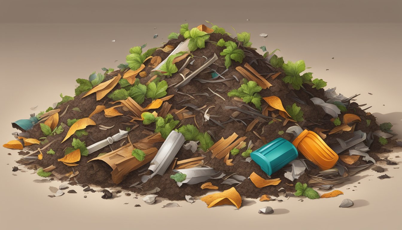 A compost pile with leather scraps mixed in, surrounded by organic waste and decomposing materials