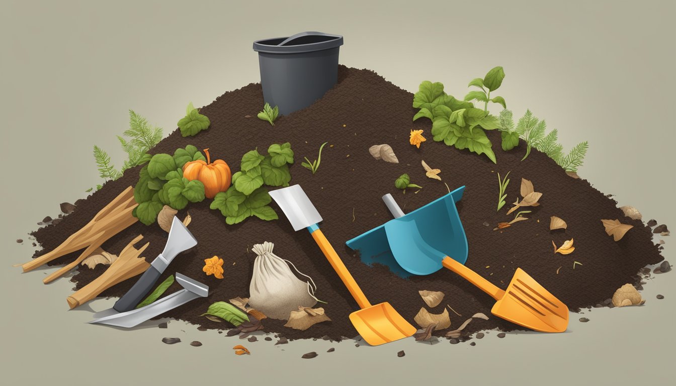 A compost pile with linen scraps mixed in, surrounded by various organic waste and a shovel for turning