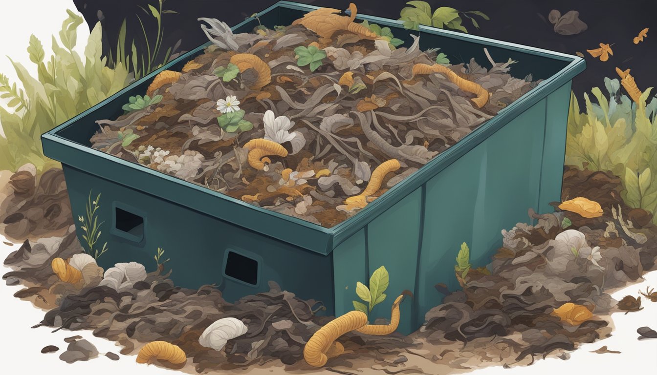 A pile of linen scraps decomposing in a bin, surrounded by earthworms and other decomposers