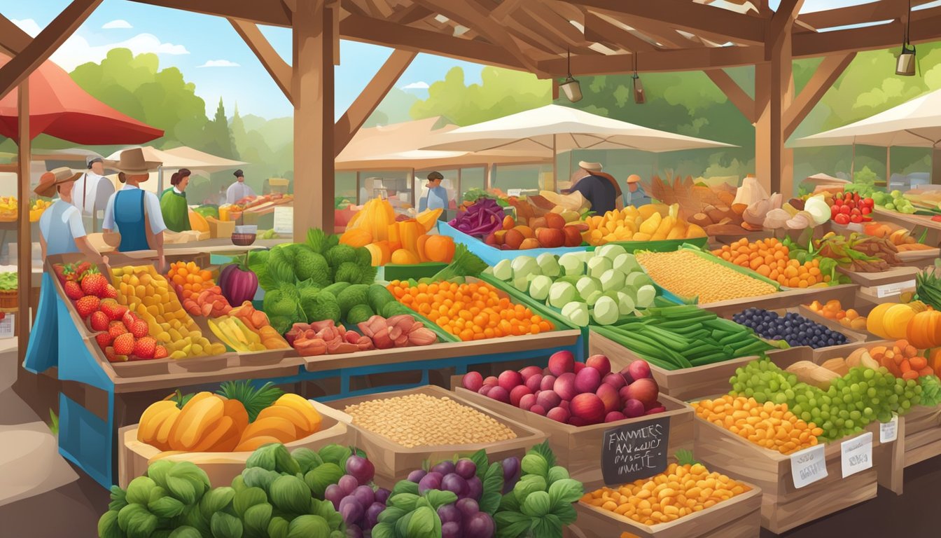 A vibrant farmers' market with colorful fruits and vegetables, a variety of nuts and grains, and a selection of fresh, organic meats and dairy products