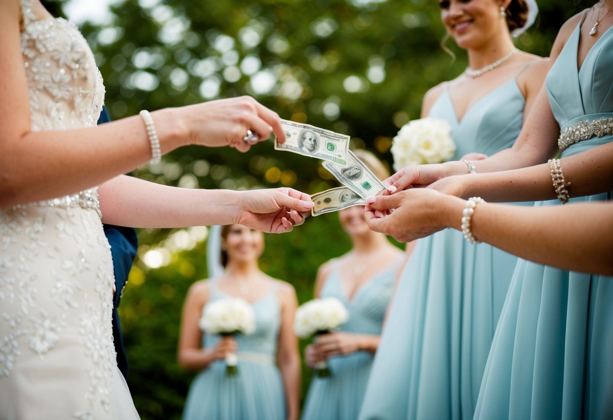 A bride handing money to her bridal party