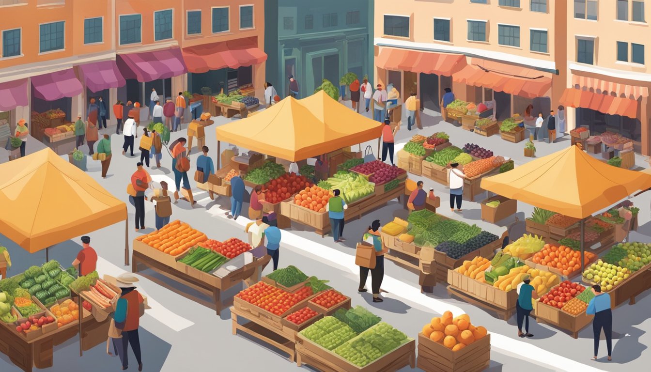 A farmer's market with colorful fruits and vegetables displayed on tables, surrounded by people browsing and chatting with vendors