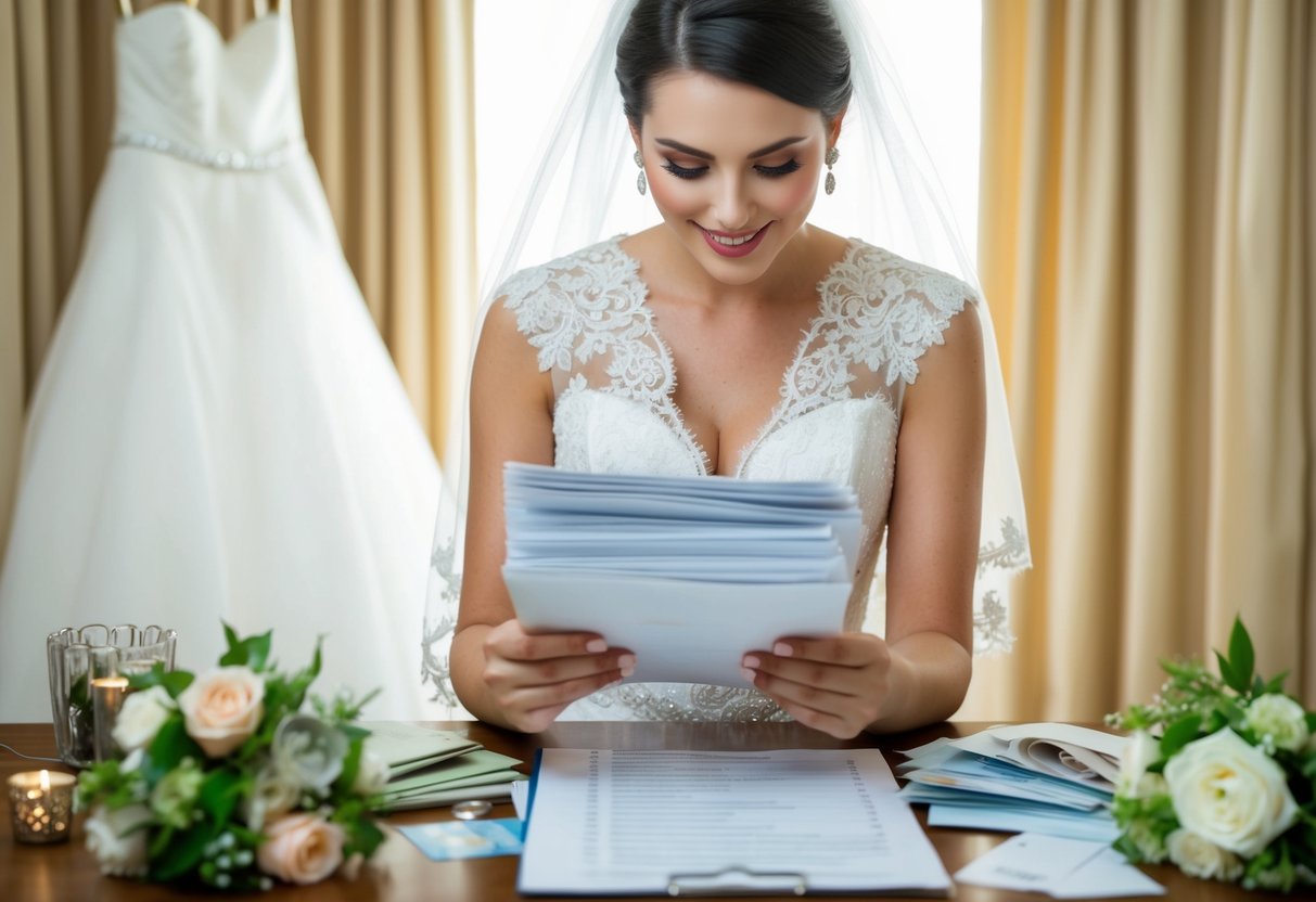 A bride holding a stack of bills while looking at a list of expenses, surrounded by items such as a wedding dress, flowers, and decorations