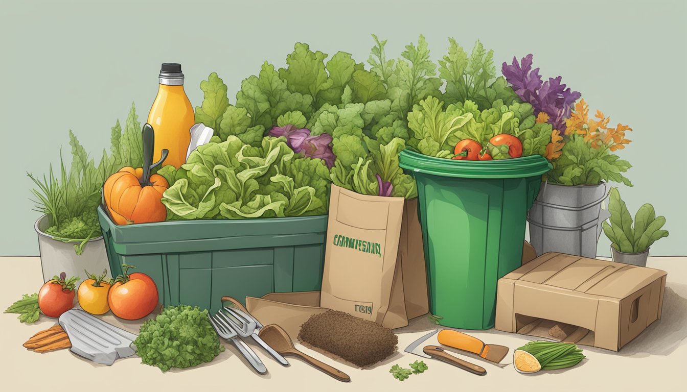 A pile of compostable items, including leftover salad, surrounded by a bin and gardening tools