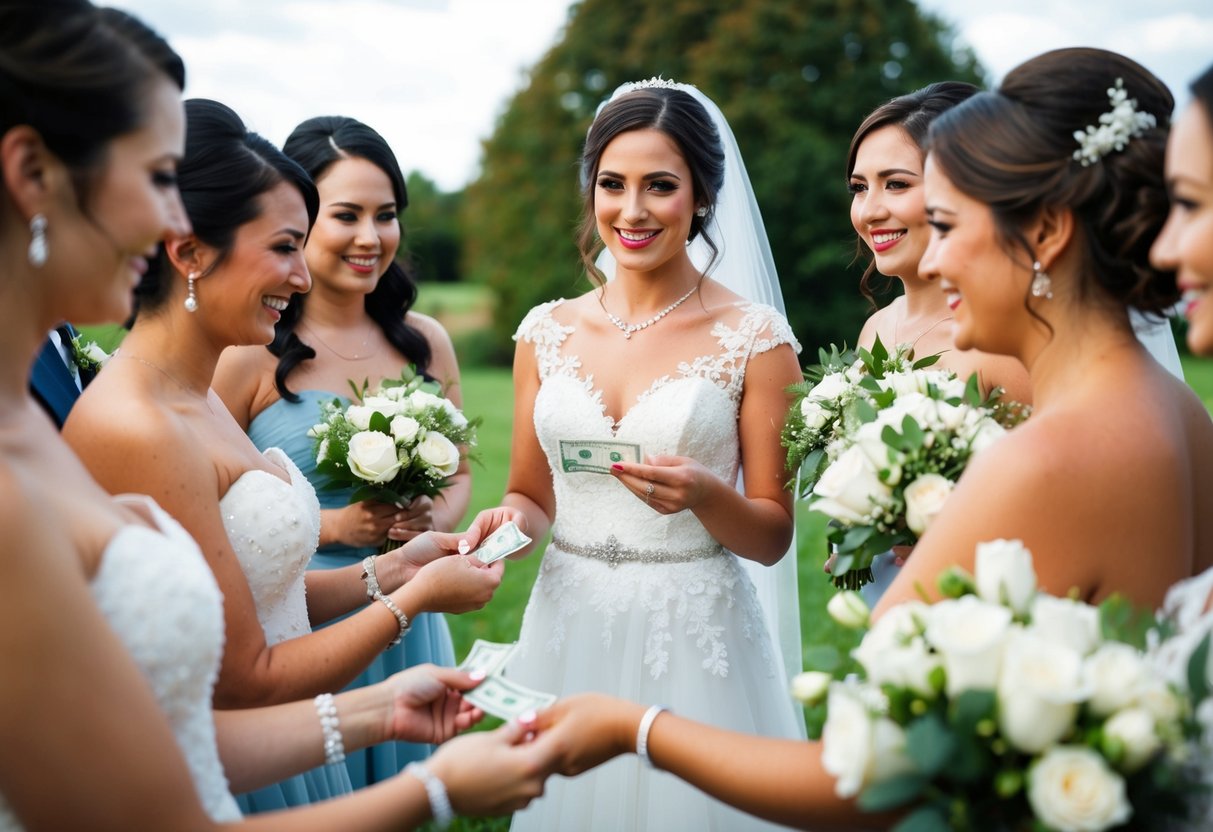 A bride handing over money to her bridal party members