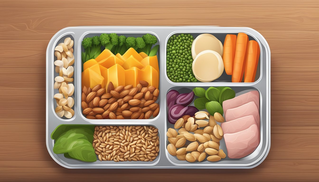 A colorful array of protein-packed foods - nuts, seeds, lean meats, and fresh vegetables - neatly arranged in a portable lunch container