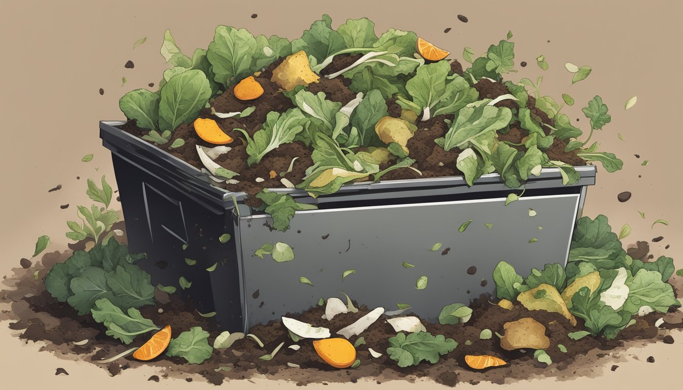 A pile of decomposing salad sits in a compost bin, surrounded by other organic waste. The salad leaves are breaking down and blending into the dark, rich compost material