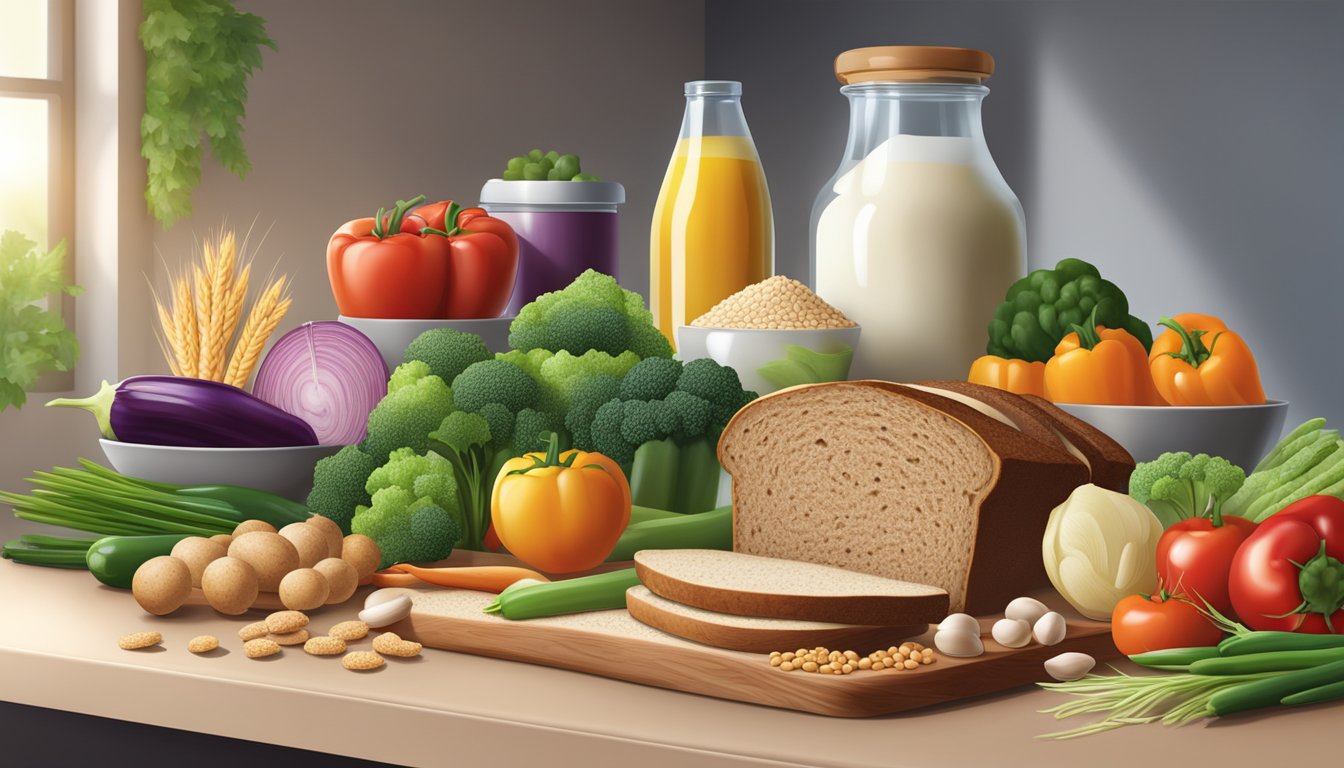 A colorful display of fresh vegetables, whole grain bread, and lean proteins arranged on a clean, modern counter