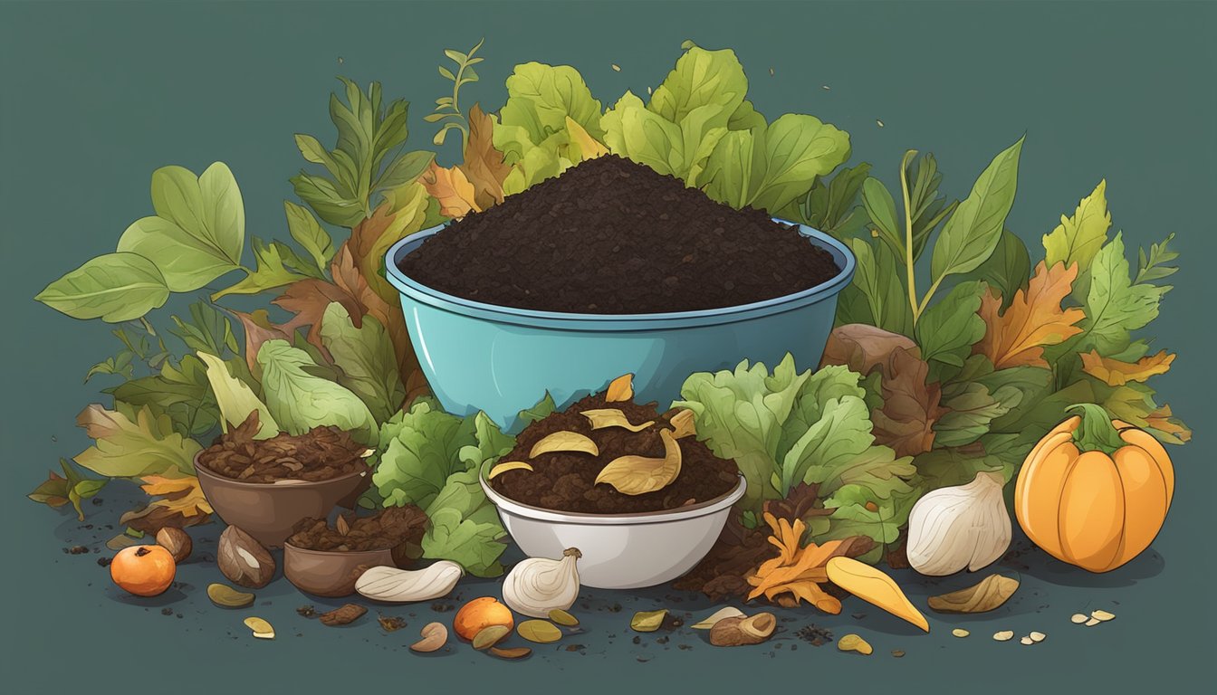 A pile of compost with various food scraps, leaves, and twigs. A bowl of leftover salad is placed next to the compost pile