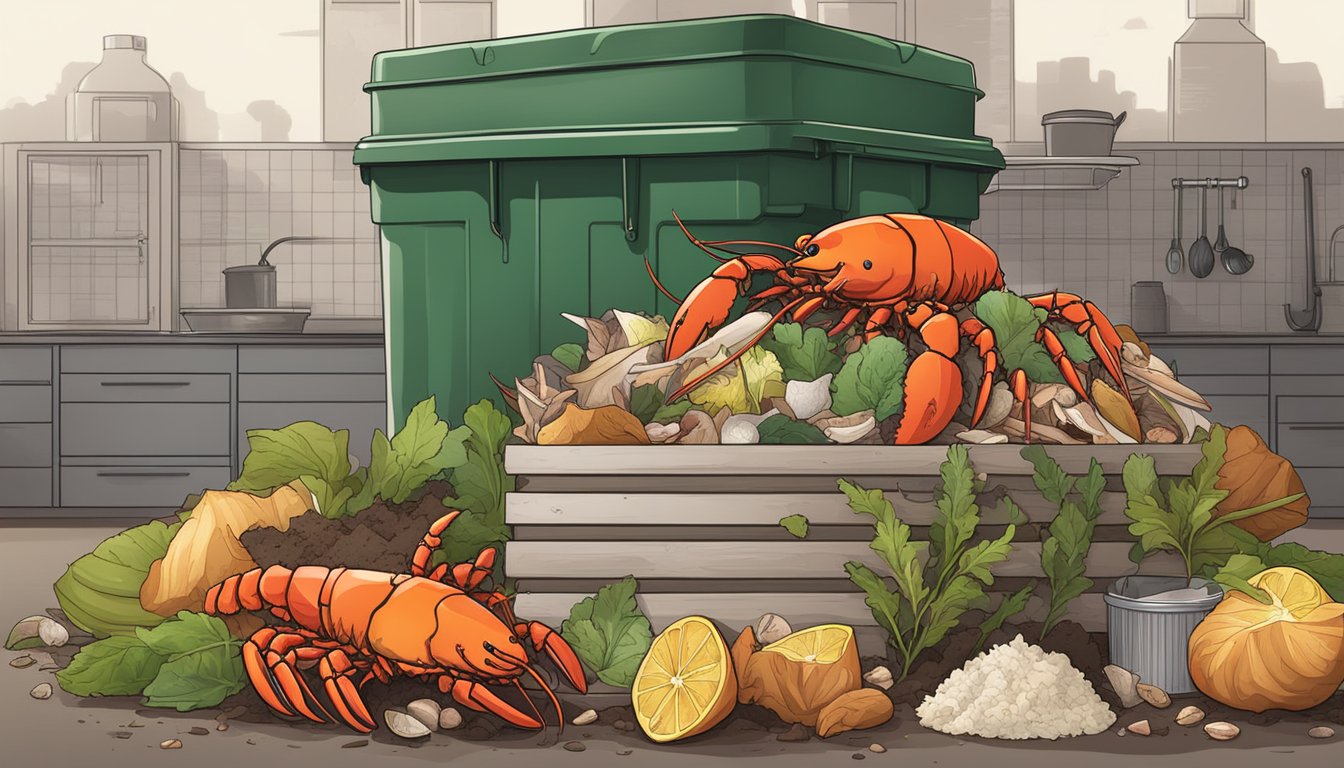 A pile of organic waste, including lobster shells, surrounded by a compost bin and various kitchen scraps