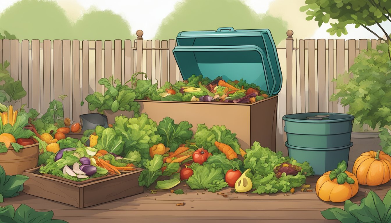 A pile of food scraps, including leftover salad, being added to a compost bin in a backyard garden