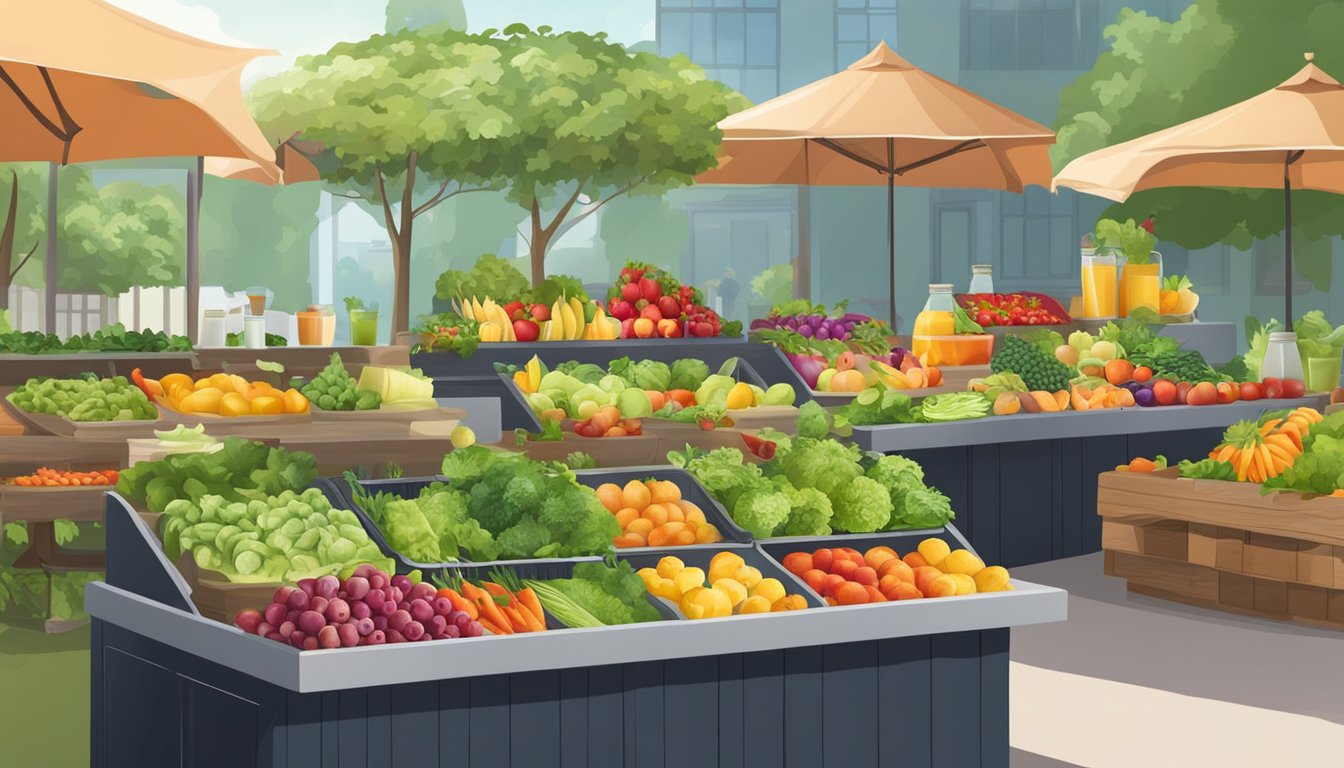 A farmer's market with colorful fruits and vegetables, a salad bar with fresh greens, and a juice bar with a variety of smoothies