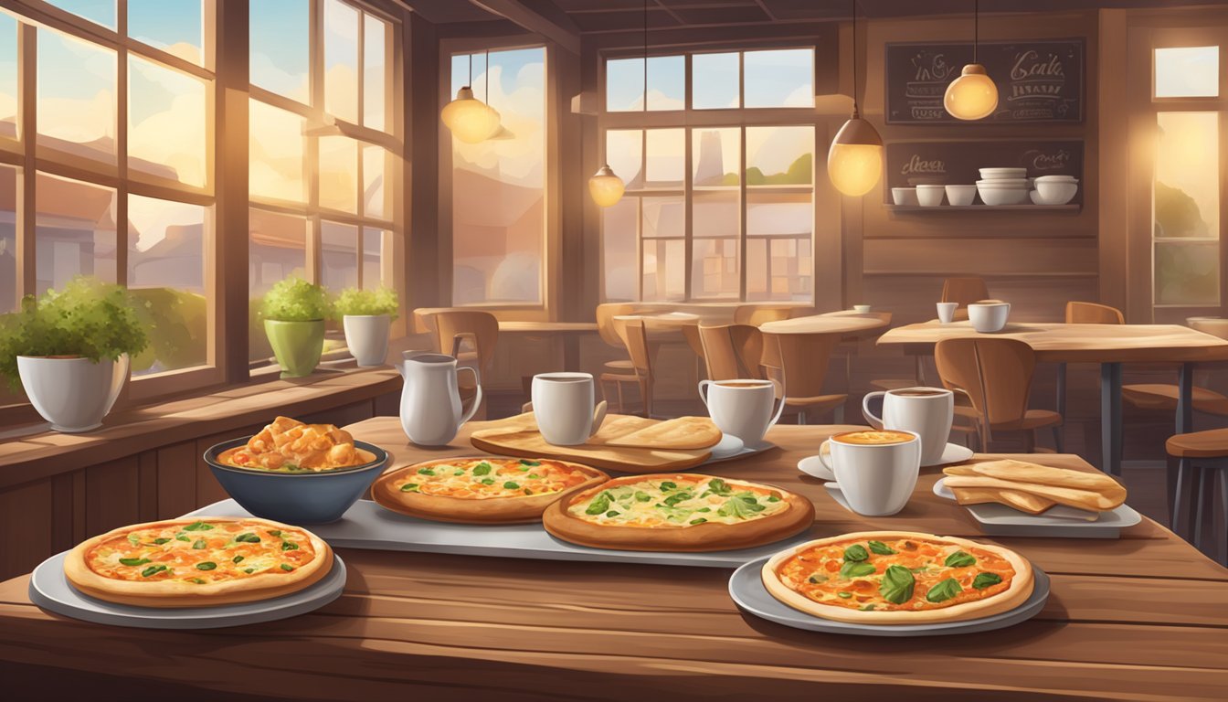 A cozy cafe with steaming bowls of soup and freshly baked flatbread pizzas on a wooden table