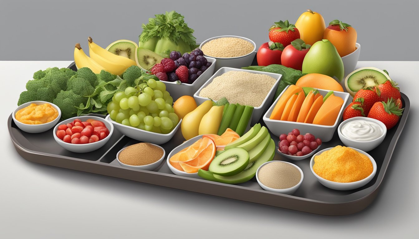 A colorful array of fresh fruits, vegetables, and whole grains arranged on a portable tray, with a variety of healthy dips and spreads