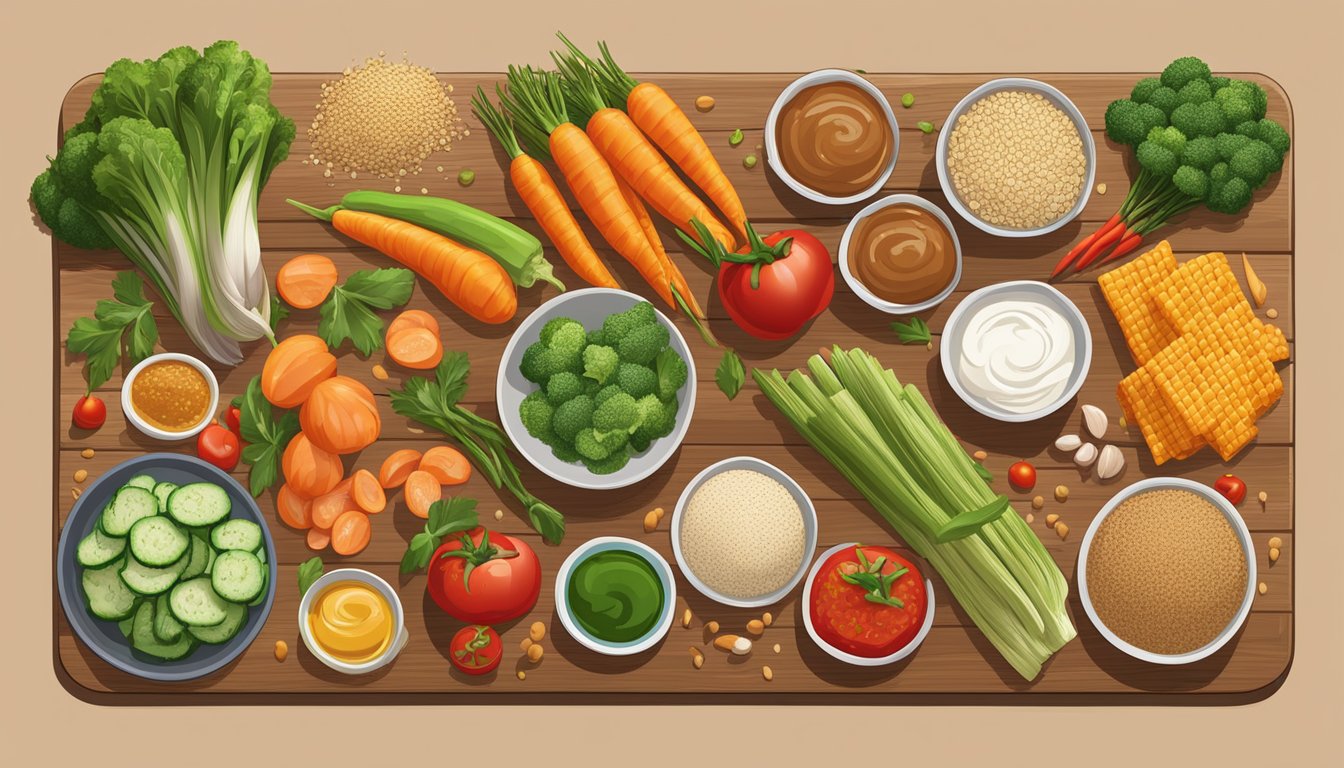 A colorful array of fresh vegetables, whole grains, and lean proteins arranged on a wooden board, accompanied by a variety of dipping sauces