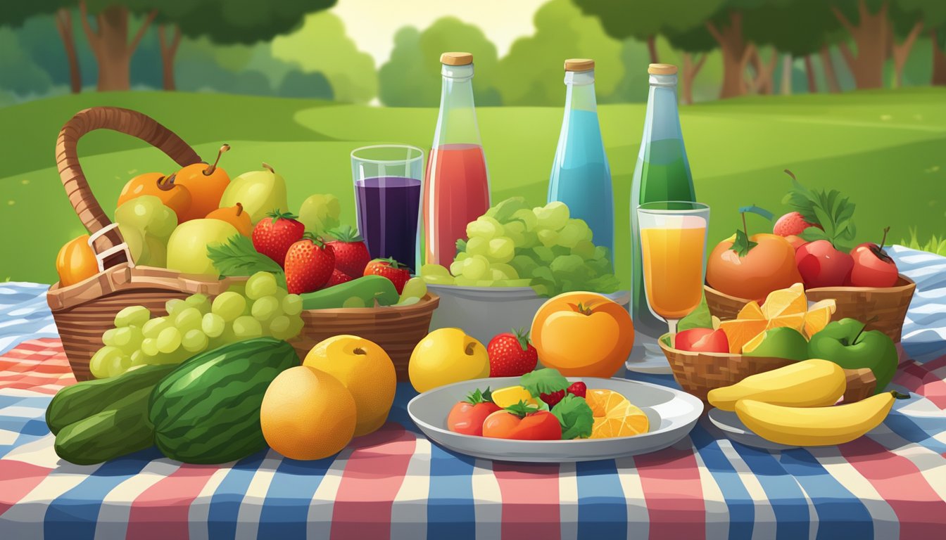 A colorful array of fresh fruits, vegetables, and a variety of beverages arranged on a picnic blanket in a park