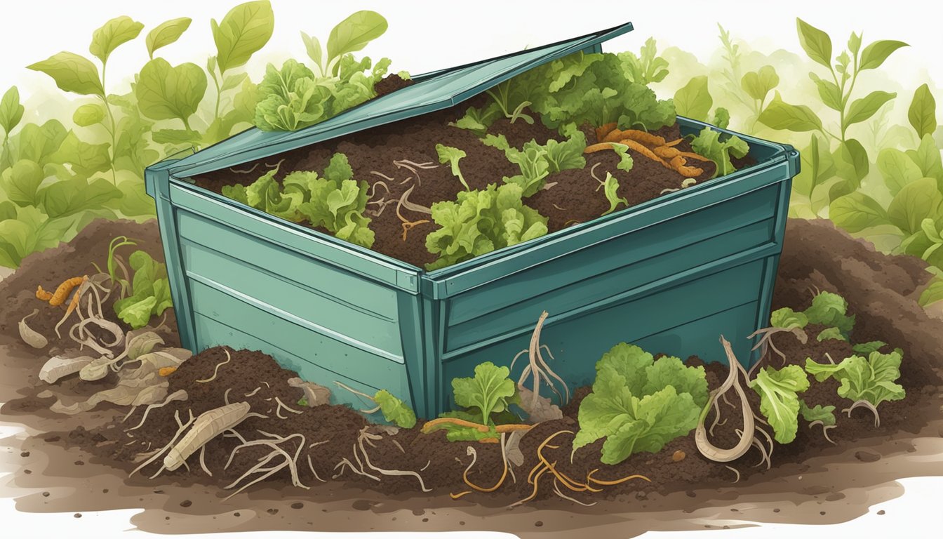 A compost bin filled with leftover salad, surrounded by earthworms and decomposing organic matter