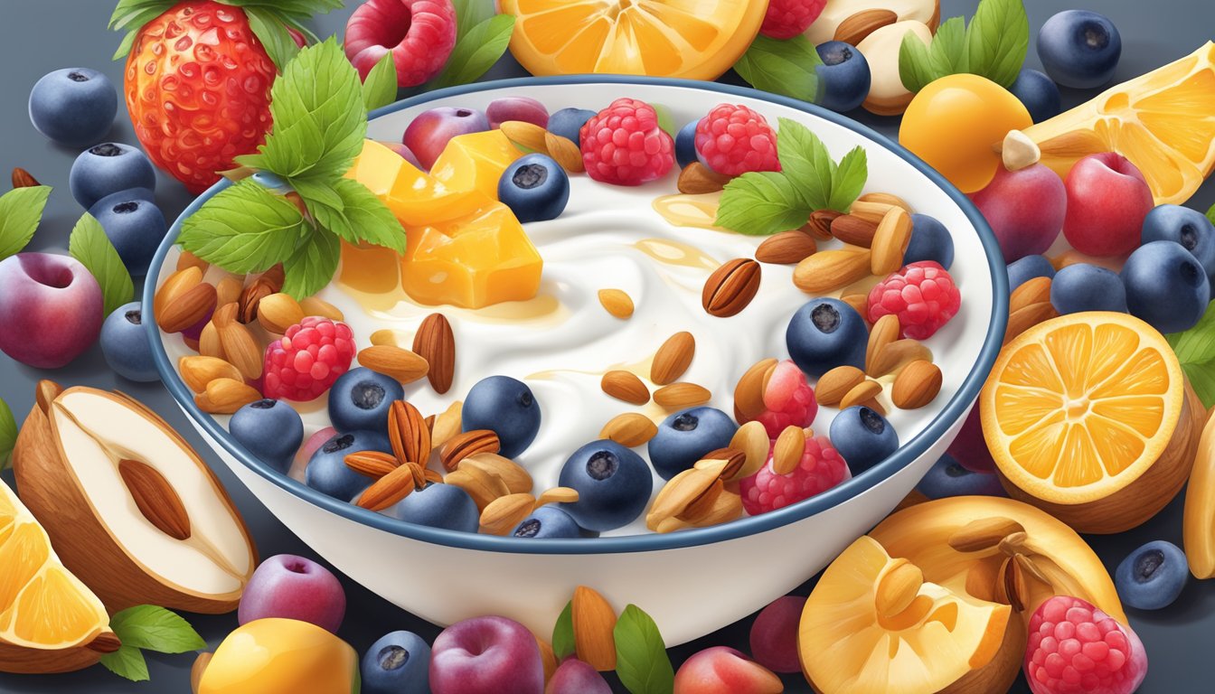 A colorful array of fresh fruits and nuts arranged around a bowl of yogurt, with a drizzle of honey on top