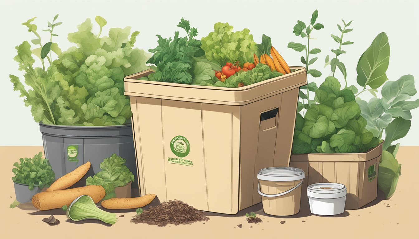 A bin with food scraps, including leftover salad, surrounded by compostable materials and thriving plants