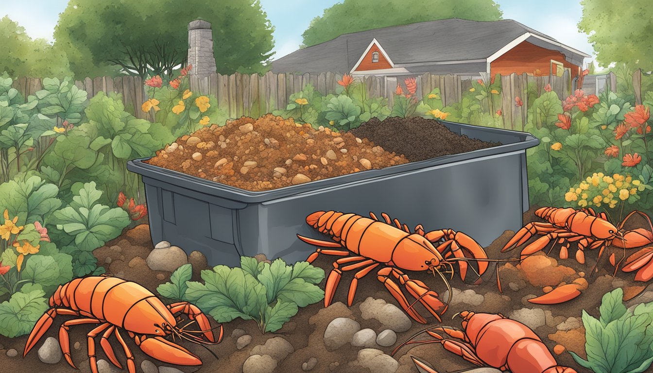 Lobster shells being mixed into a compost pile next to a thriving garden