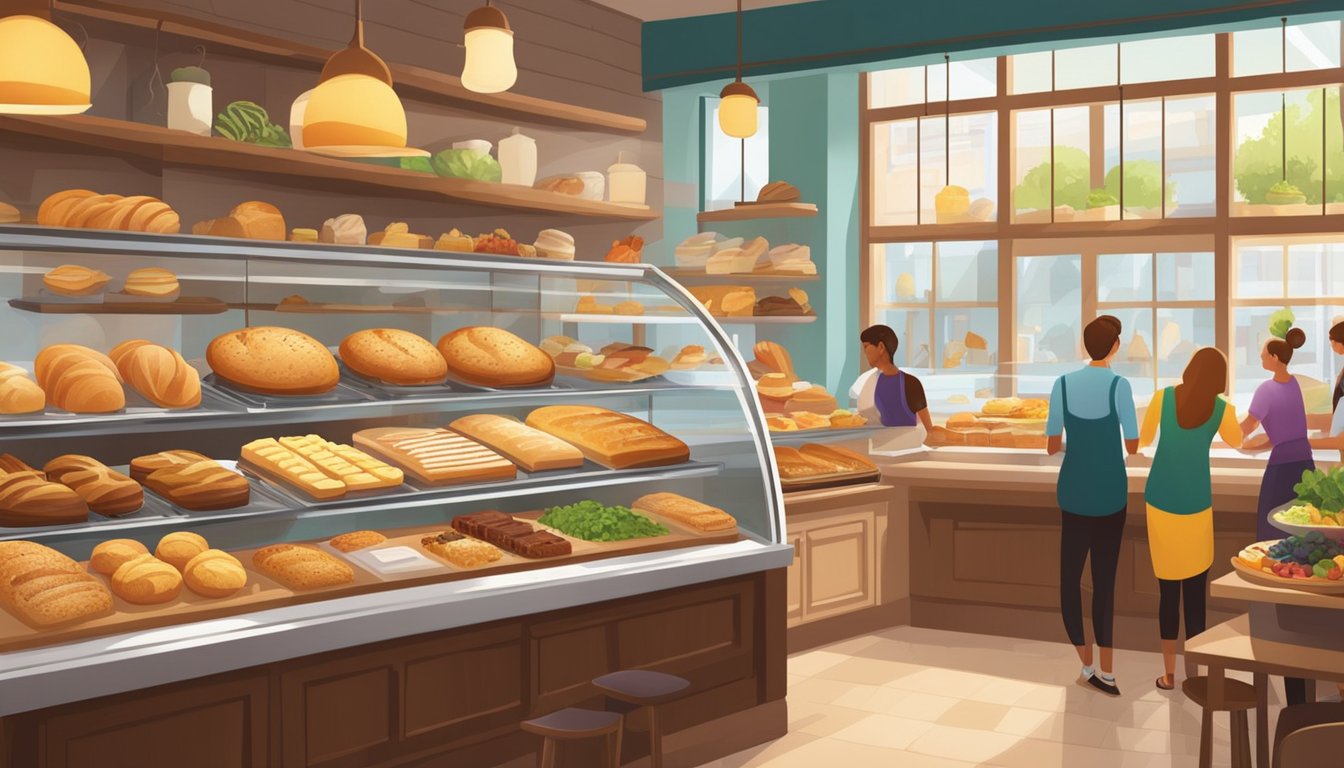 A bustling bakery with colorful displays of fresh, wholesome breads and pastries alongside vibrant salads and sandwiches. A warm, inviting atmosphere with customers enjoying their healthy options