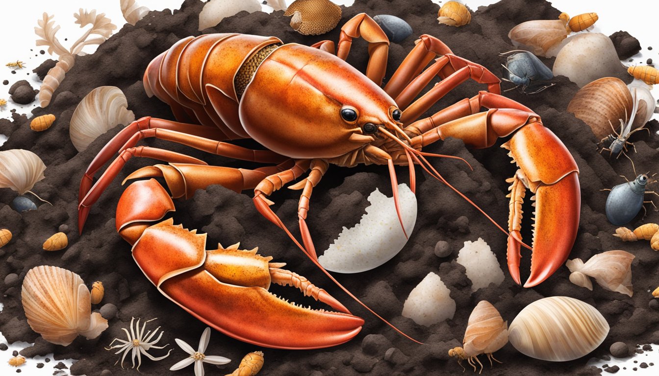 A pile of lobster shells and other seafood shells decomposing in a compost bin, surrounded by rich, dark soil and small insects