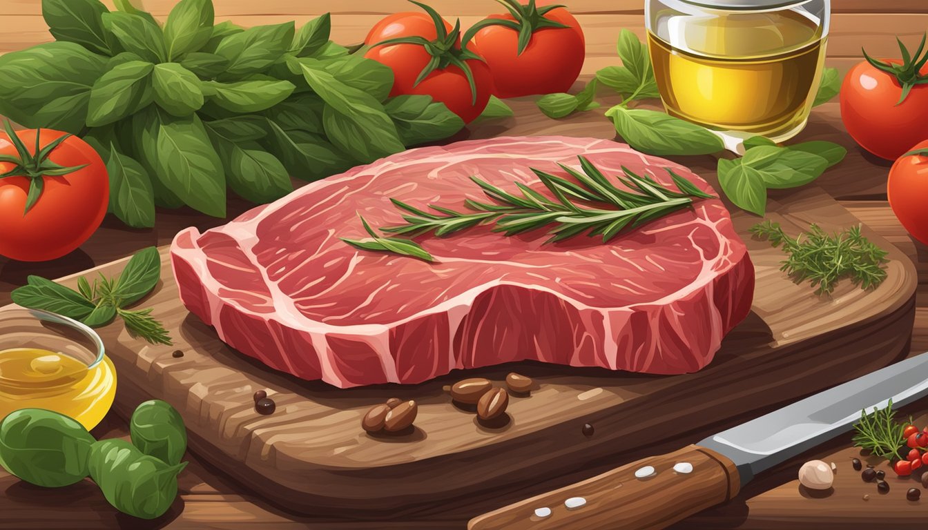 A raw steak being seasoned with herbs and spices on a cutting board, surrounded by fresh vegetables and a bottle of olive oil