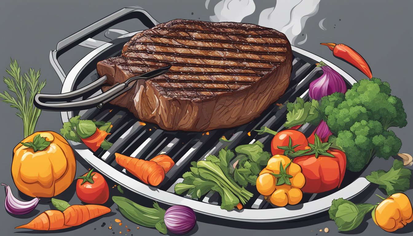 A sizzling steak is being grilled over an open flame, surrounded by colorful vegetables and herbs. The steak is being flipped with tongs to ensure even cooking