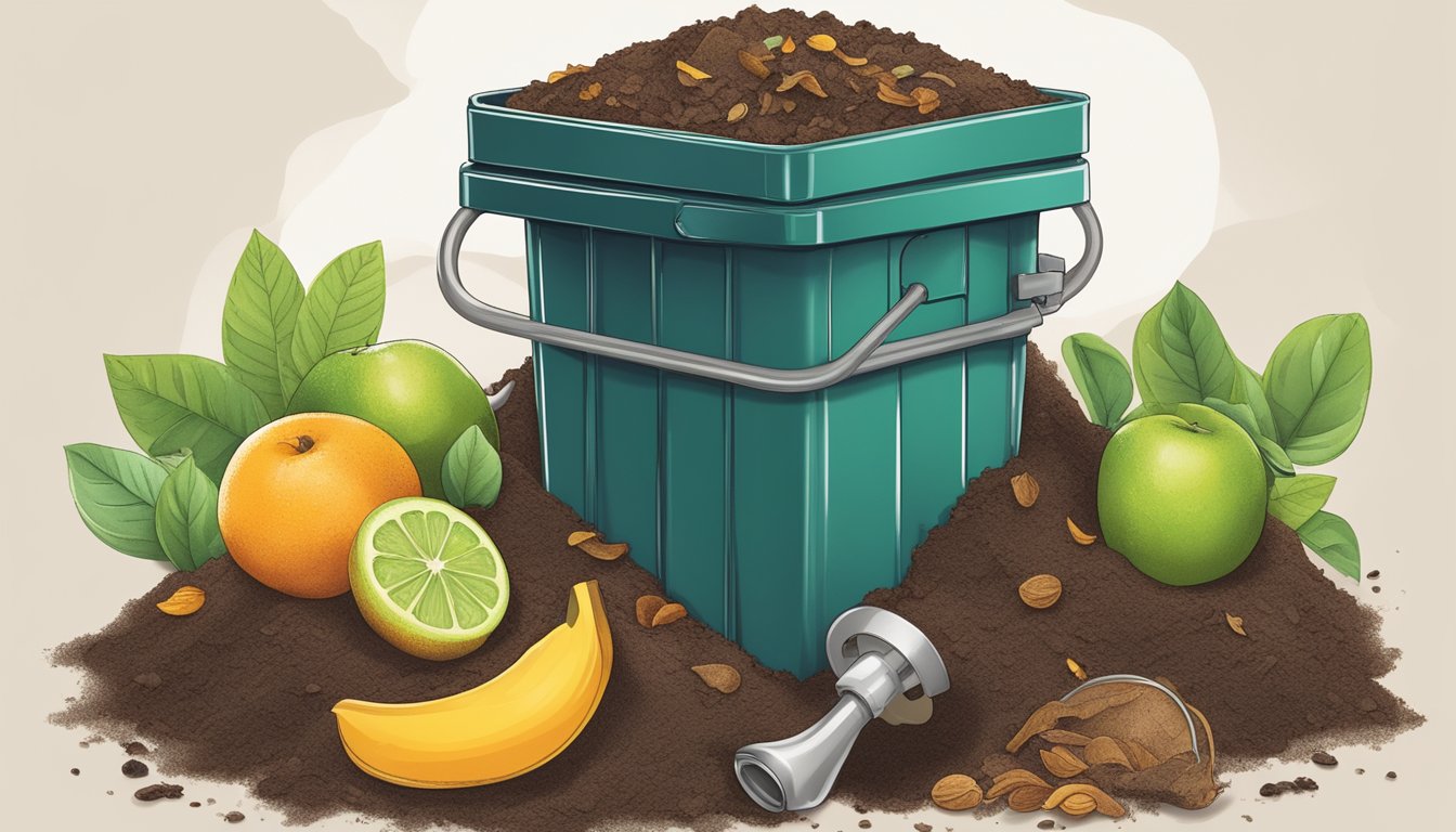 A pile of organic waste, including fruit peels and coffee grounds, sits in a compost bin. Limescale from a kitchen faucet is shown being added to the mix